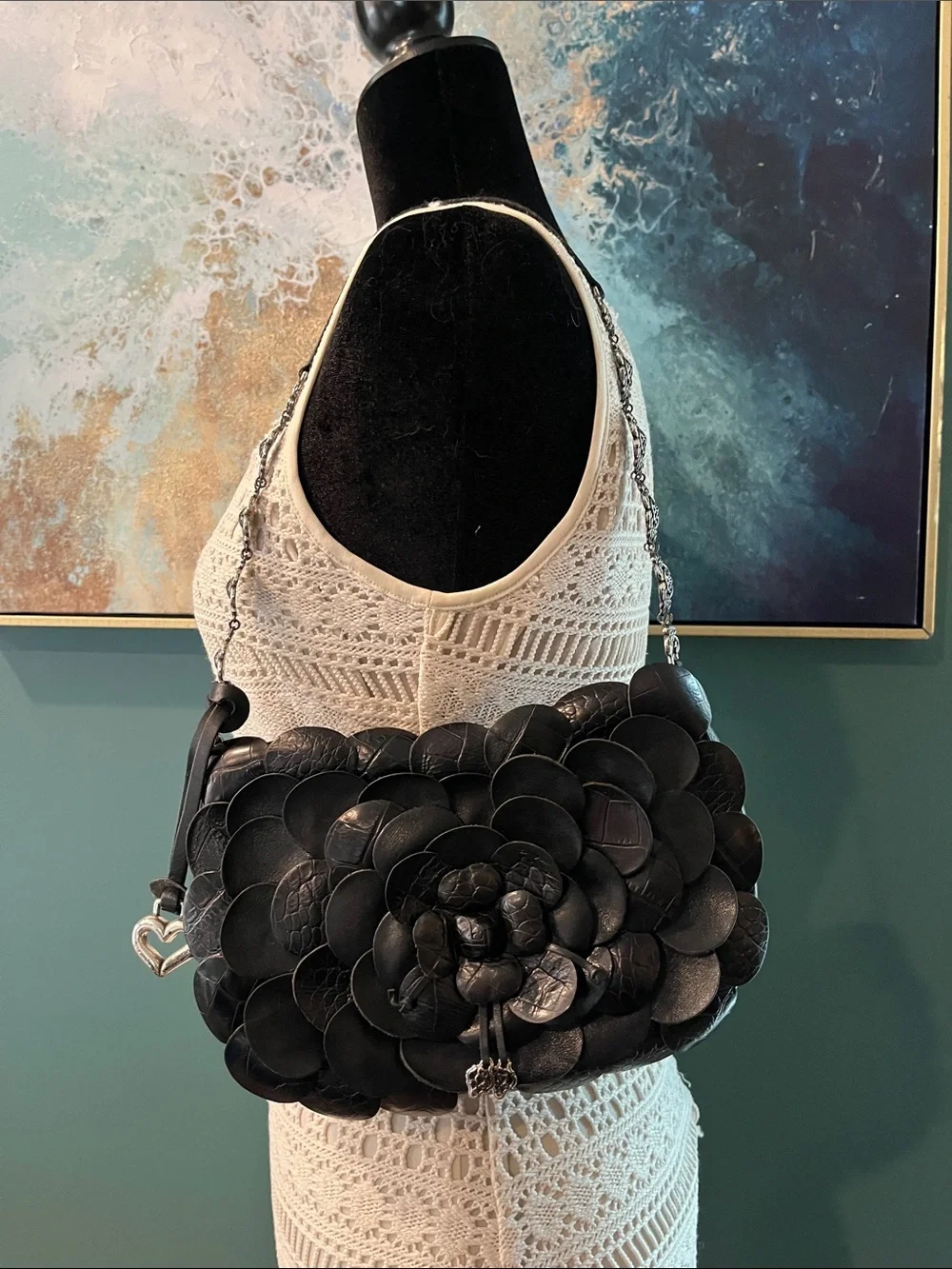 Brighton Black Leather Petal Appliqué Shoulder Bag